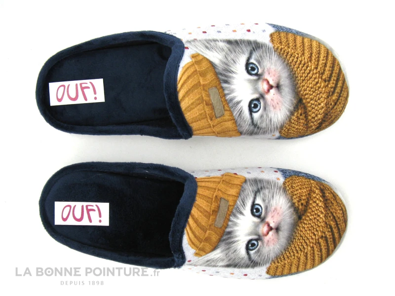 Ouf TINKA Marine - Jaune Ocre - Chat Gris - Pantoufle Mule Femme – Image 2